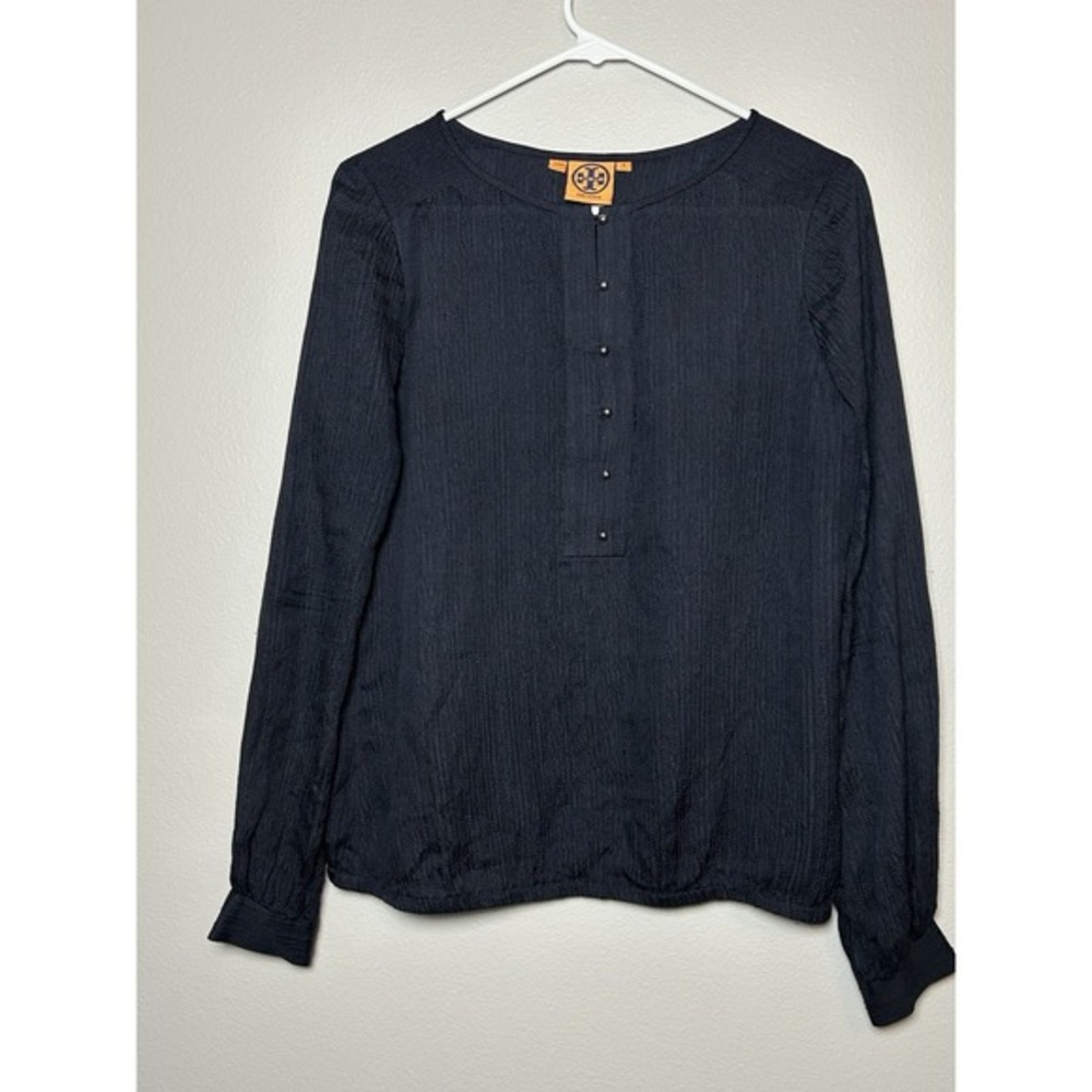 Tory Burch Women's‎ 100% Silk Navy Crinkle Long Sleeve Blouse 4 Designer Office - Picture 2 of 8